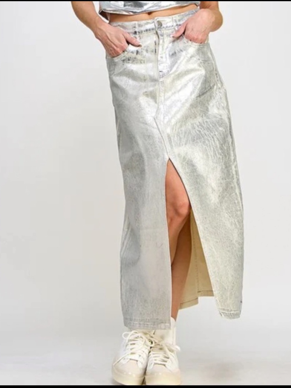 ELEVEN22 SILVER METTALIC COATED DENIM MAXI SKIRT HIGH SLIT Y2K FUTURISTIC GLAM - Picture 5 of 12